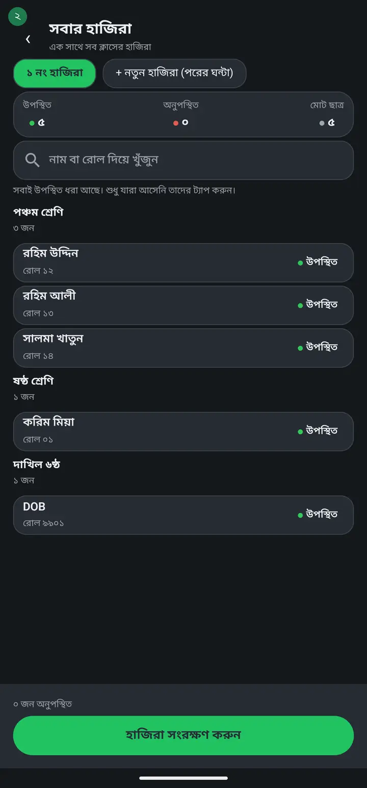 সব ক্লাসের হাজিরার পাতা