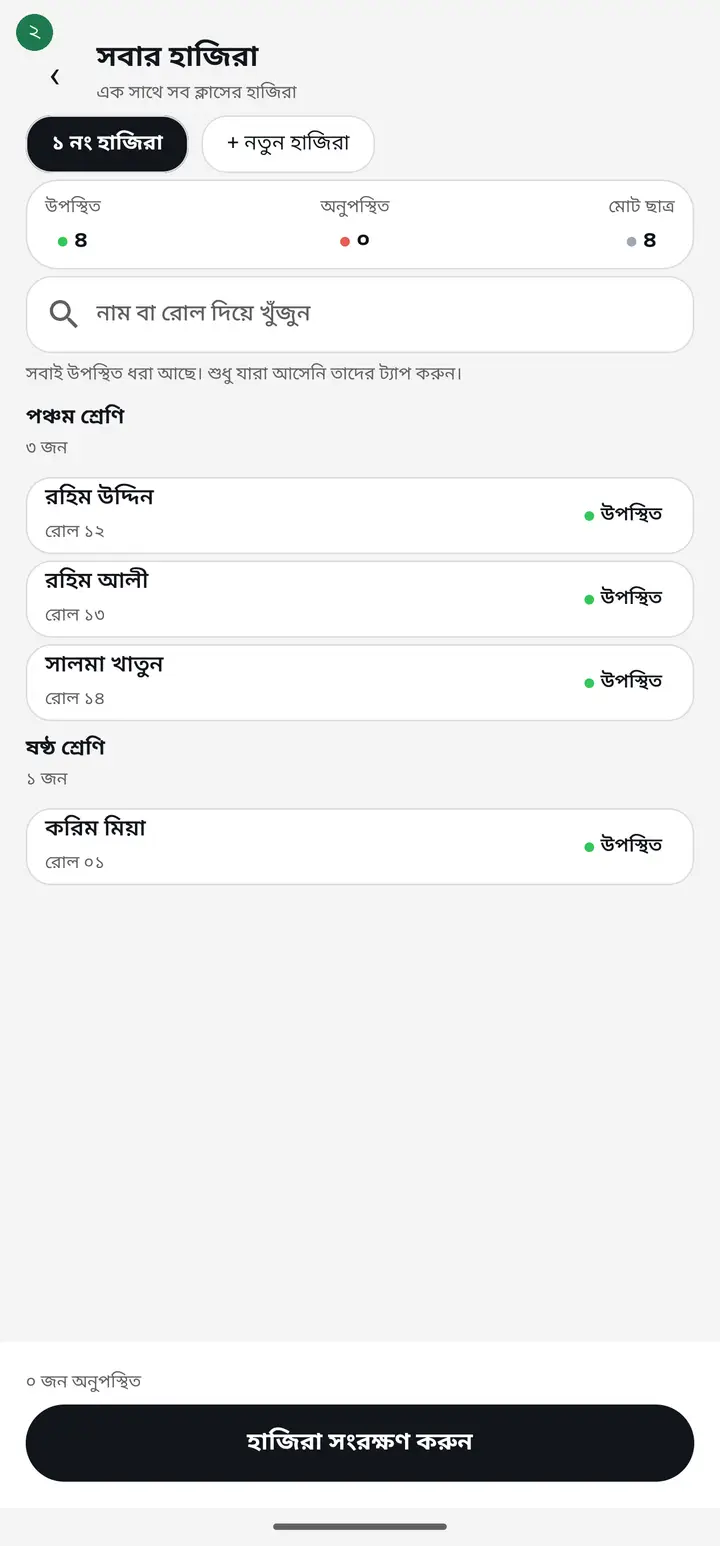 সব ক্লাসের হাজিরার পাতা