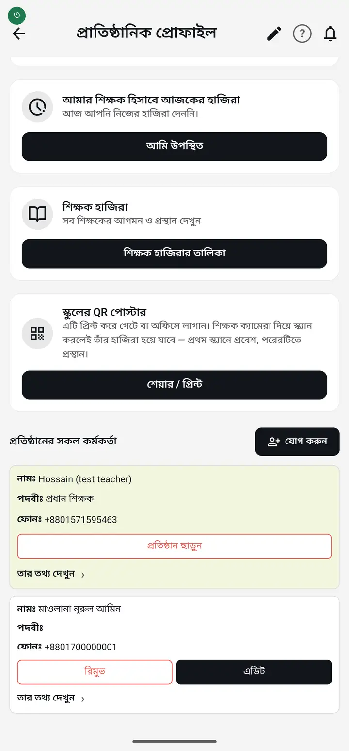 এবার পারমিশনের সেটিংটা কোথায়। "প্রতিষ্ঠান" ট্যাবে যান — সেখানে প্রতিষ্ঠানের সদস্যদের তালিকা আছে। যাঁর ক্ষমতা ঠিক করতে চান, তাঁর নামের পাশে "এডিট" চাপুন।