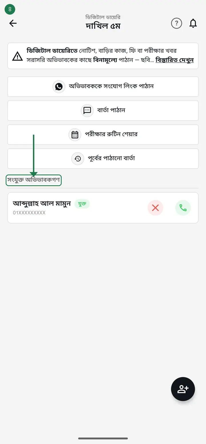Below the four buttons is a heading, "সংযুক্ত অভিভাবকগণ" (Connected guardians). The list under it is everyone this class's diary reaches.