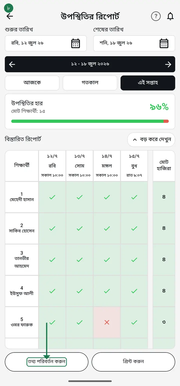 If you spot a mistake, tap "তথ্য পরিবর্তন করুন" (Change information) to fix it.